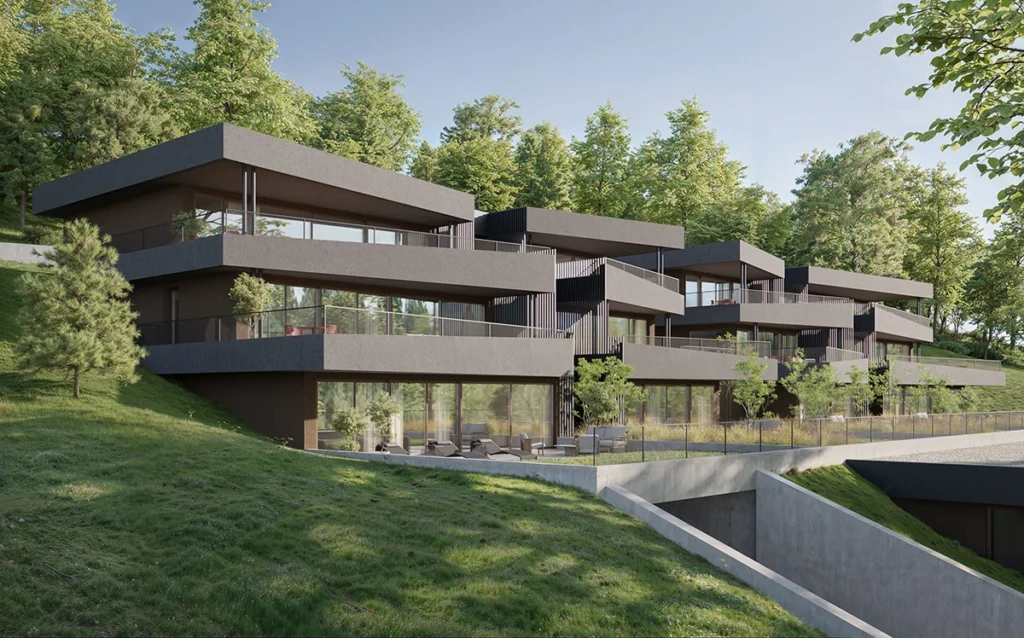 Vue extérieur de la promotion Greeline à Savièse près de Sion by FM immobilier Suisse