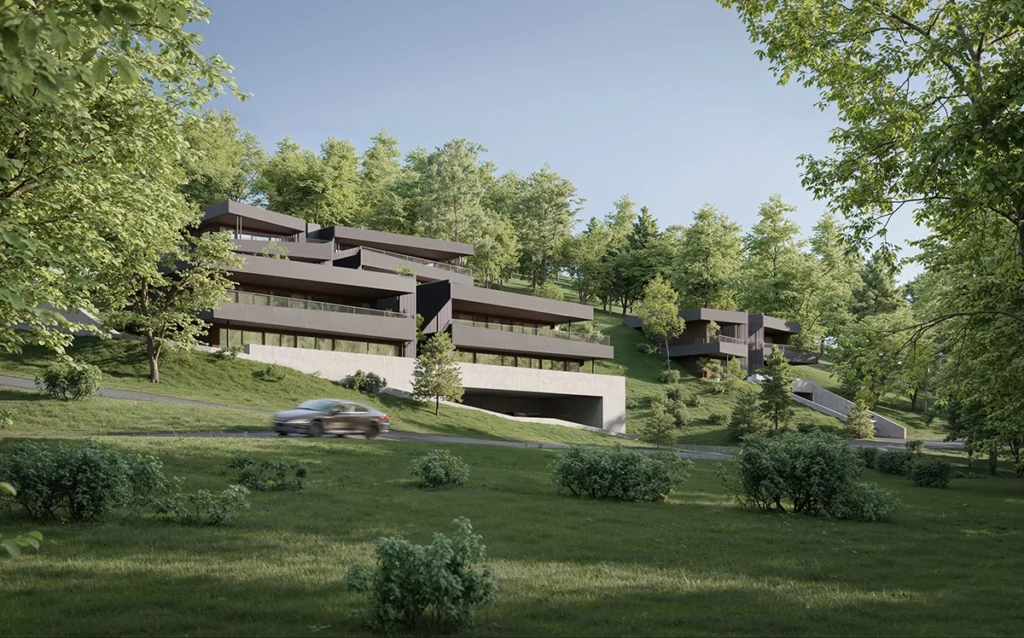 Vue extérieur de la promotion Greeline à Savièse près de Sion by FM immobilier Suisse