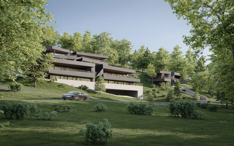 Vue extérieur de la promotion Greeline à Savièse près de Sion by FM immobilier Suisse