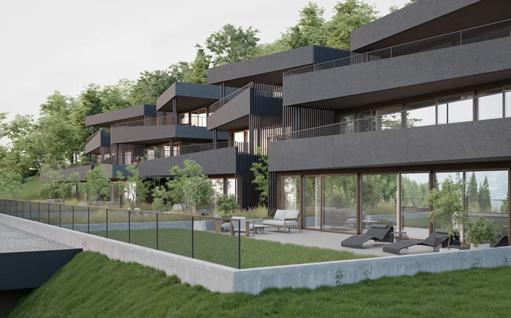 Vue extérieur de la promotion Greeline à Savièse près de Sion by FM immobilier Suisse