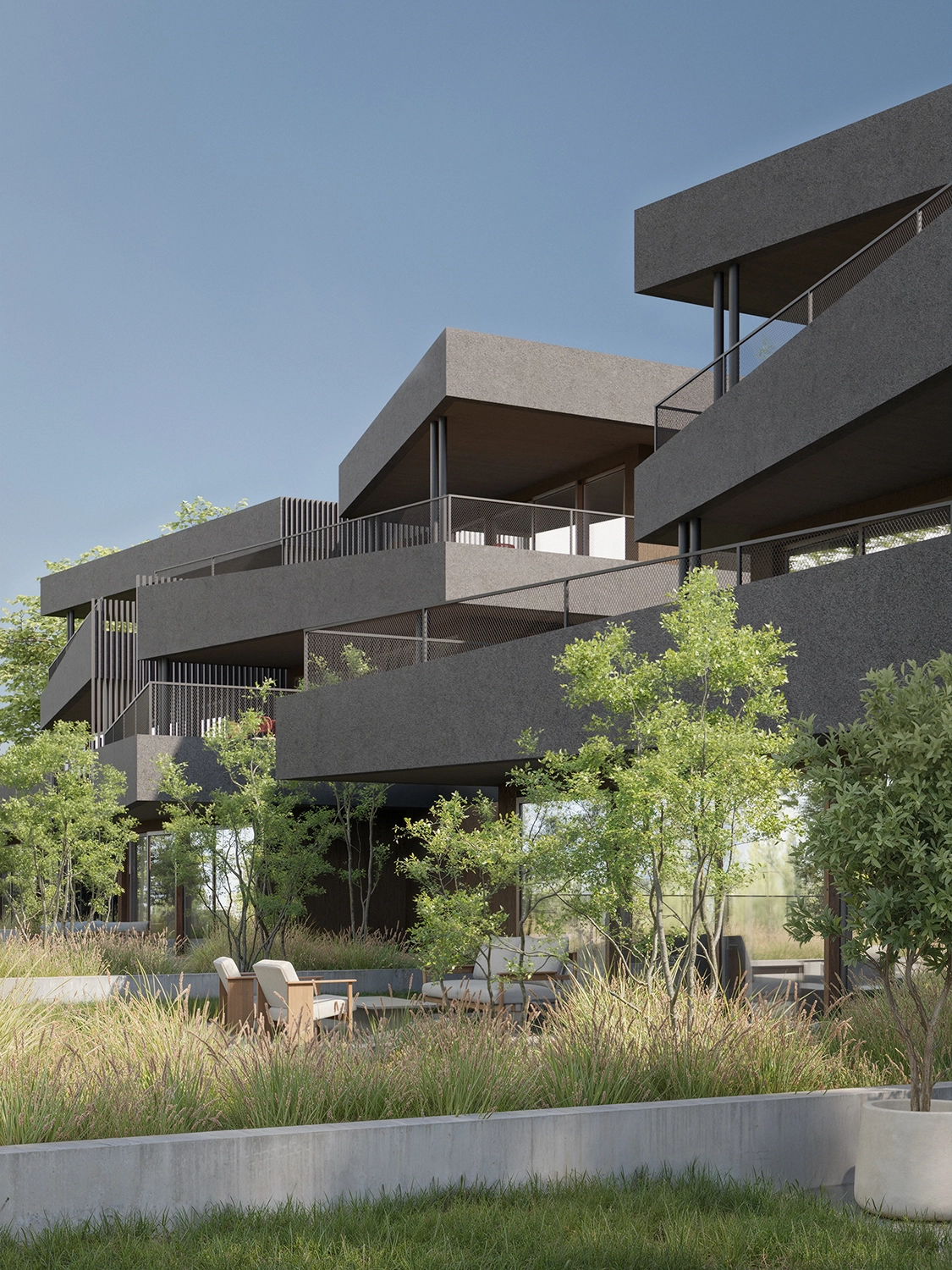 Vue extérieur de la promotion Greeline à Savièse près de Sion by FM immobilier Suisse