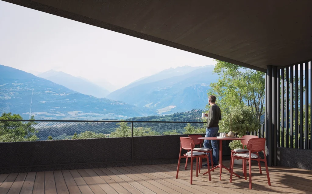 Vue sur les Alpes depuis la promotion Greeline à Savièse près de Sion by FM immobilier Suisse