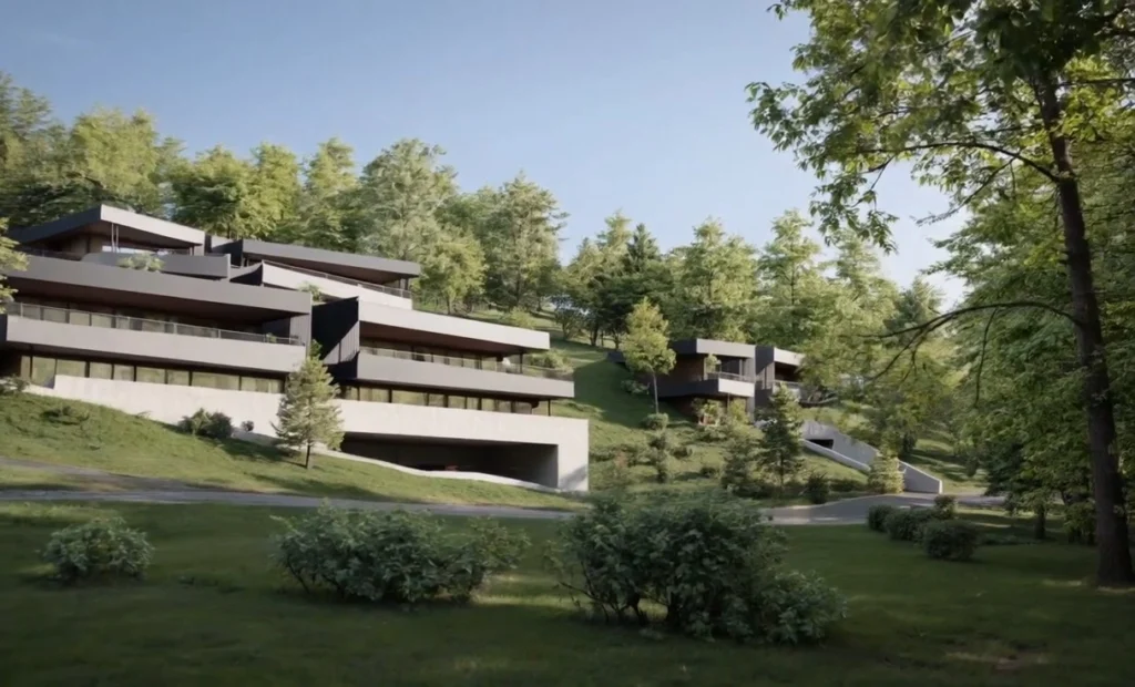 Vue extérieur de la promotion Greeline à Savièse près de Sion by FM immobilier Suisse